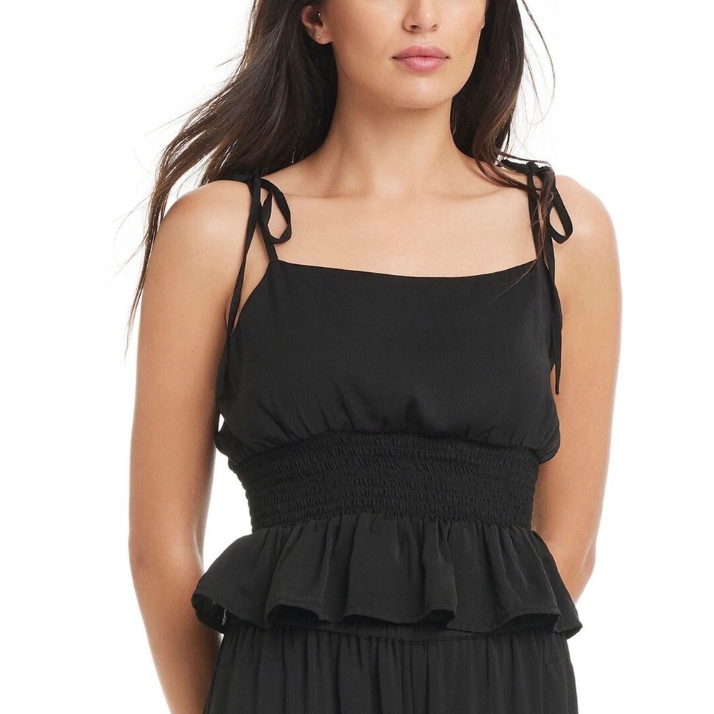 Red Carter Womens Black Smocked Peplum Tie Shoulder Tank Top Size Large